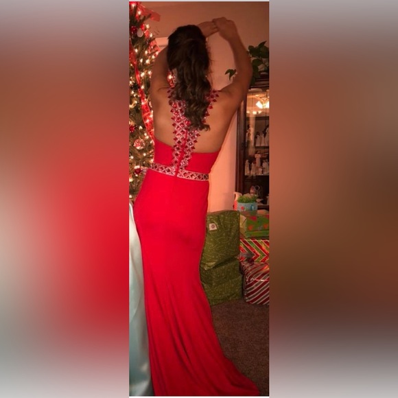 Red Halter Sequin Beaded Dress - Picture 8 of 9